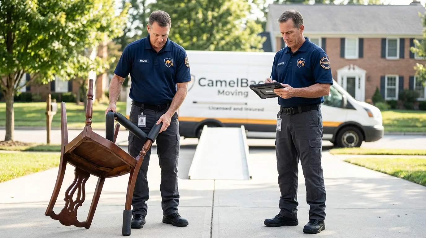 Movers inspecting furniture for damage prevention before loading in Colrain, MA